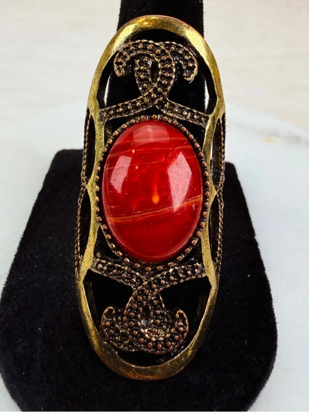 Vintage bohemian chic aged brass tone, red statement ring